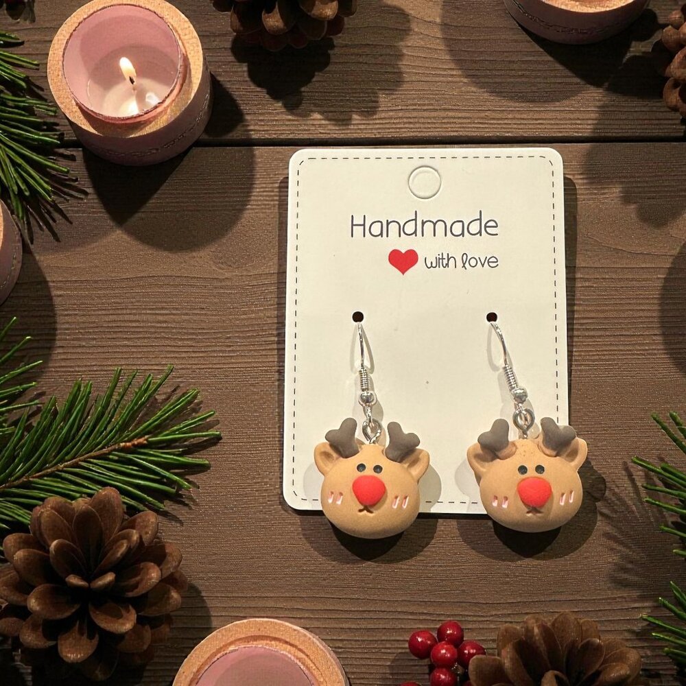 Handmade Reindeer Earrings | Christmas Earrings | Polymer Clay Holiday Jewelry